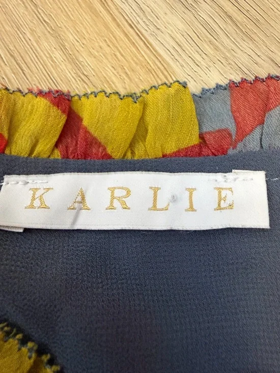 Karlie Evan Blue Ruffle Top with Red and Yellow Floral Print - Picture 3 of 9